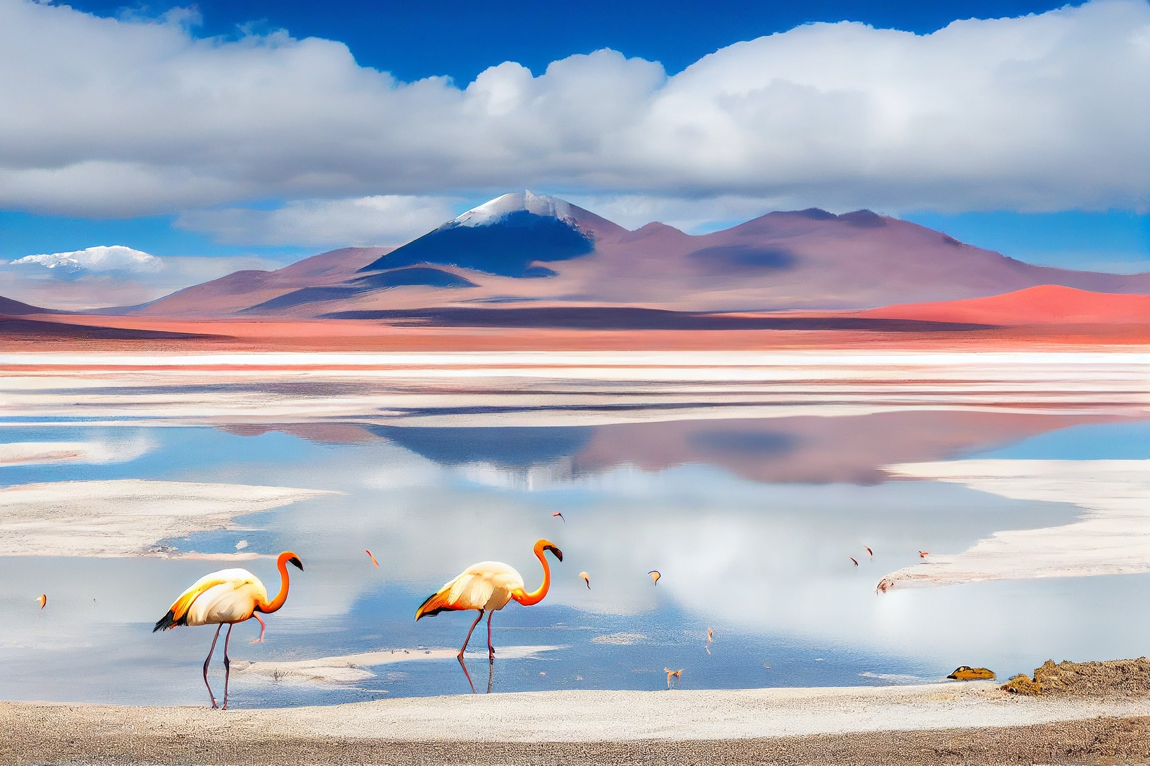 Two flamingos are standing in the water with mountains in the background.