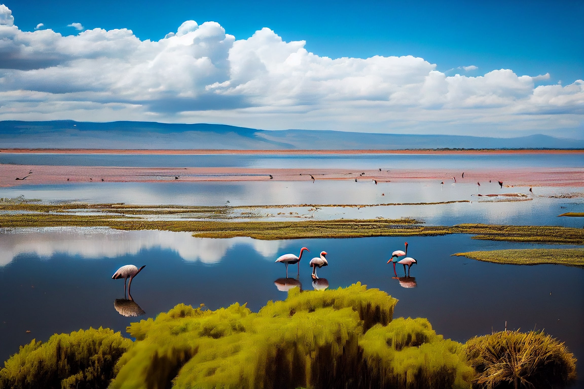 Group of flamingos are standing in the water.