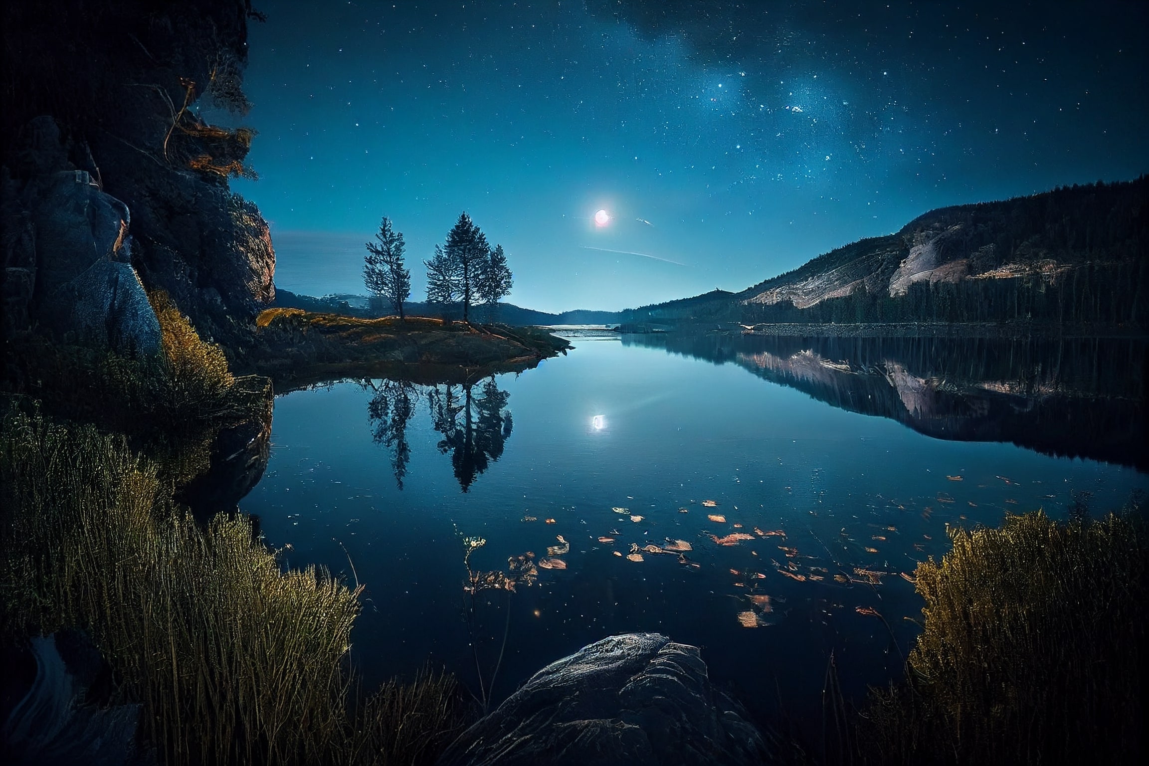Lake at night with a full moon in the sky.
