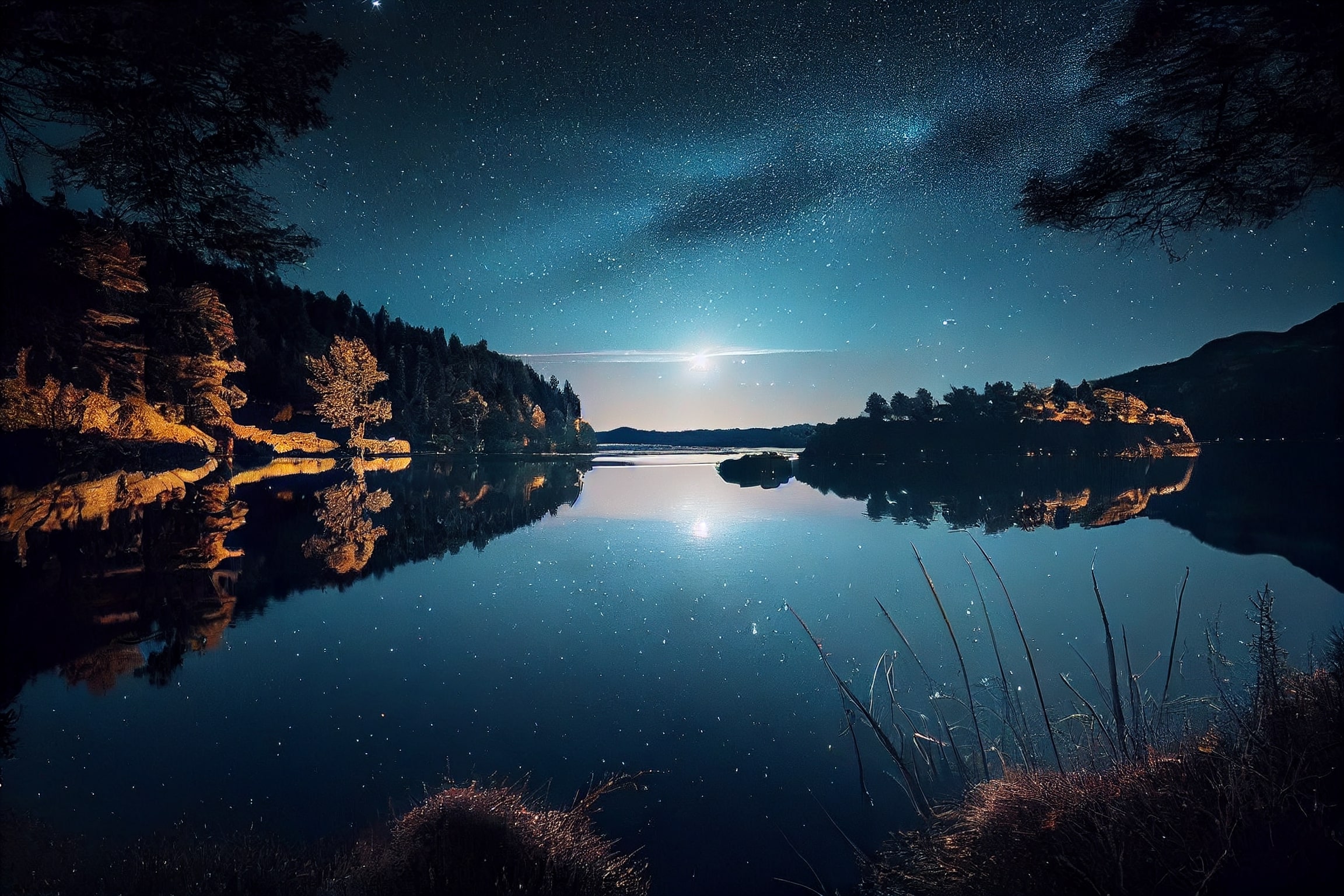 The night sky is reflected in the still water of a lake.