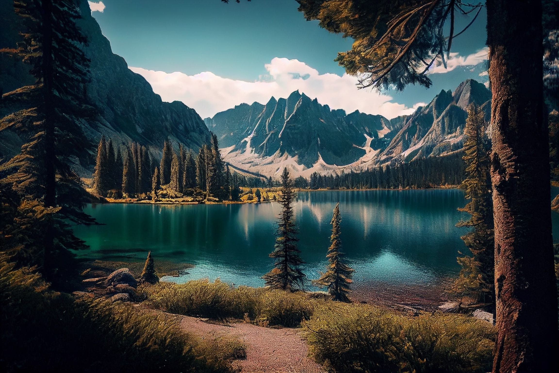 Scenic view of a mountain lake surrounded by pine trees.