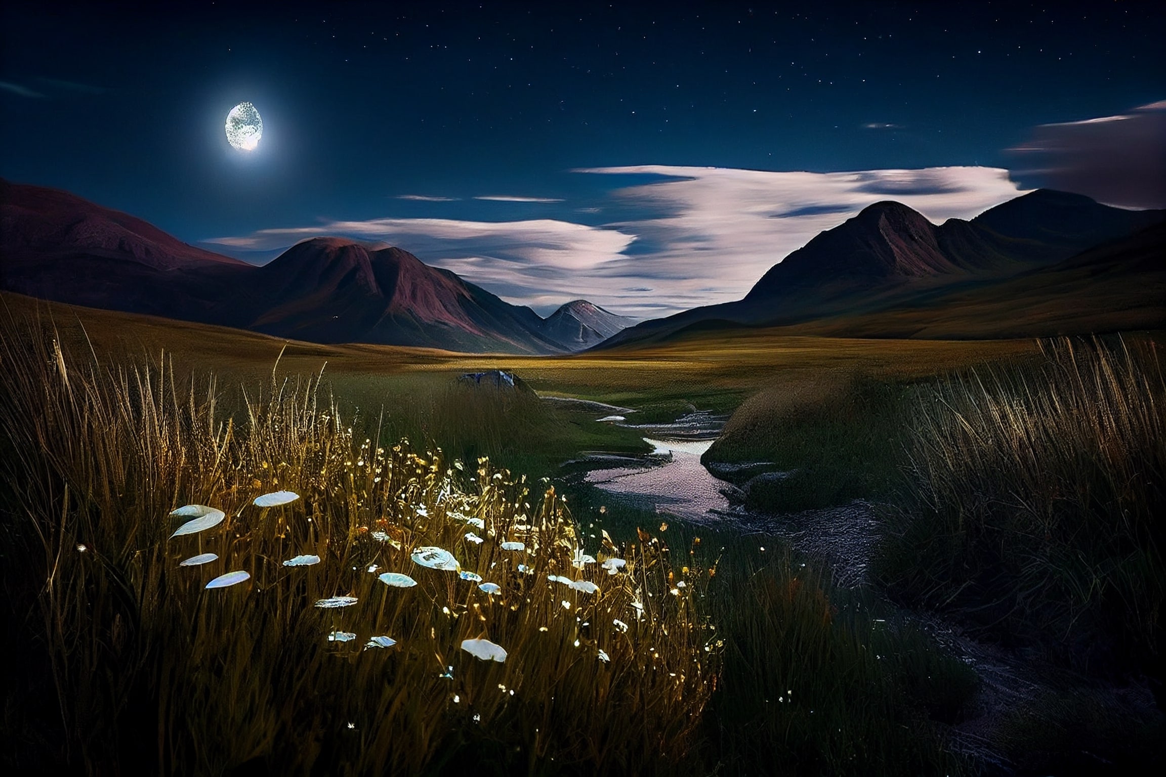 Painting of a night scene with mountains and a river.