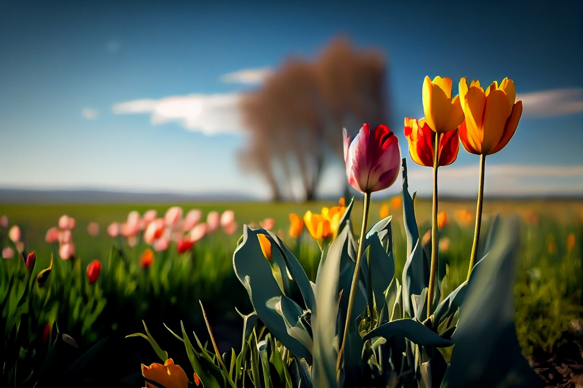 Field of tulips with smoke in the background.