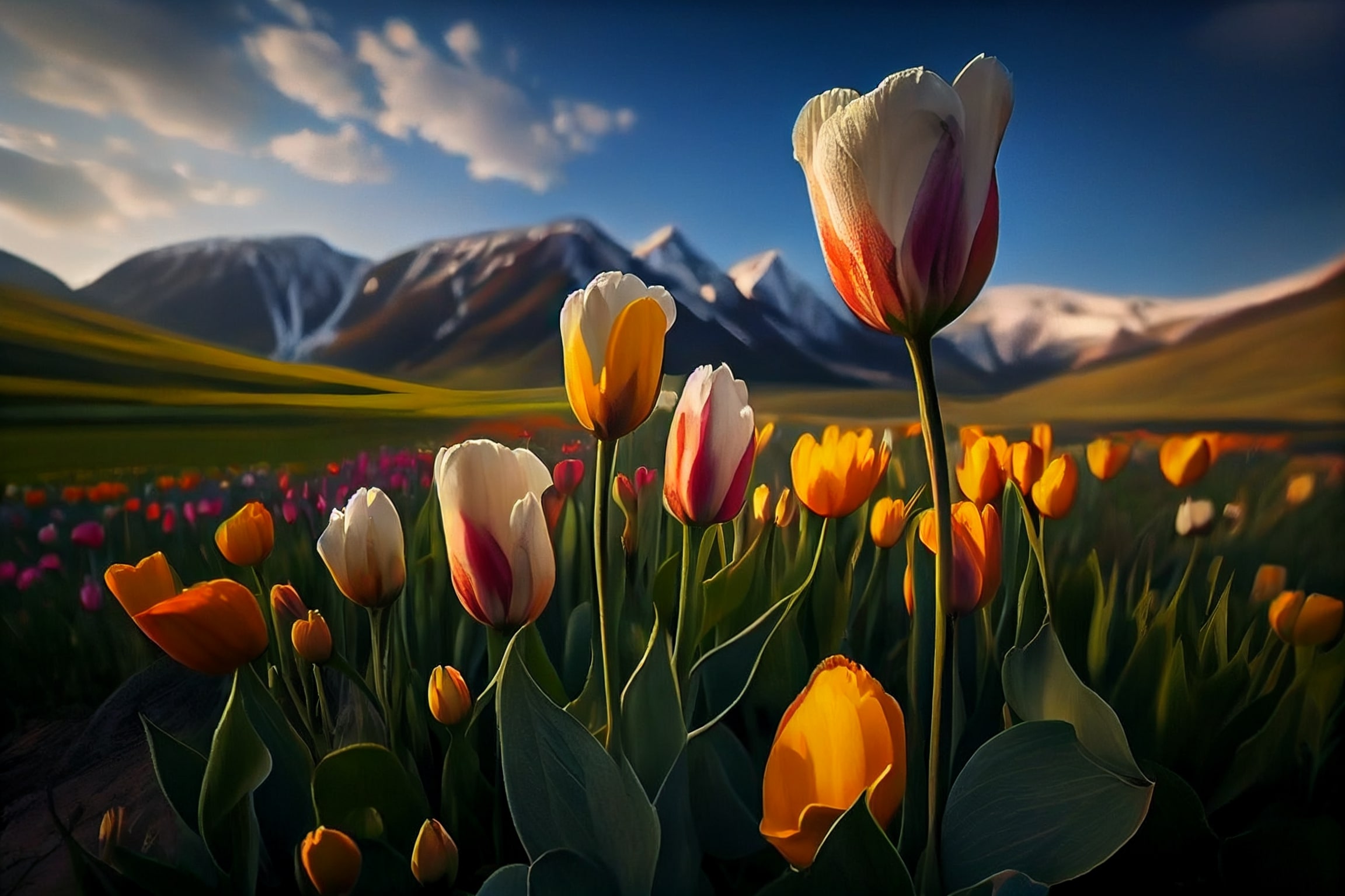 Painting of a field of flowers with mountains in the background.