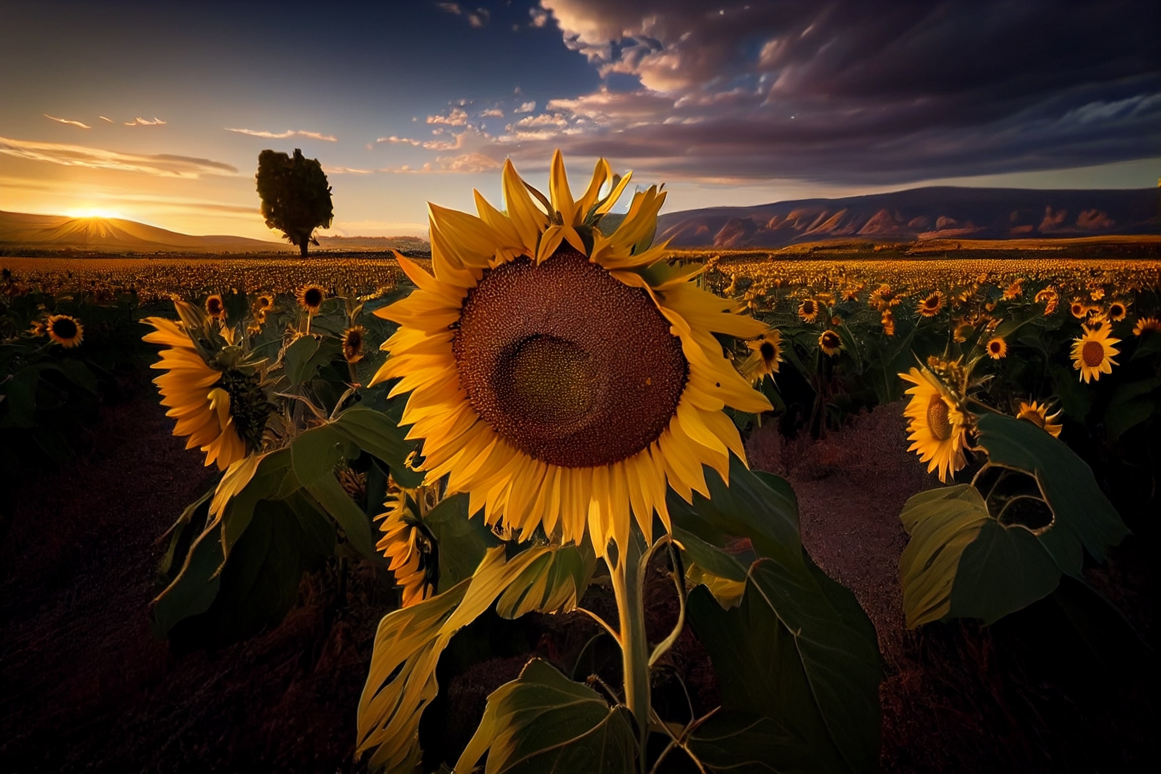 Field of sunflowers with a sunset in the background.