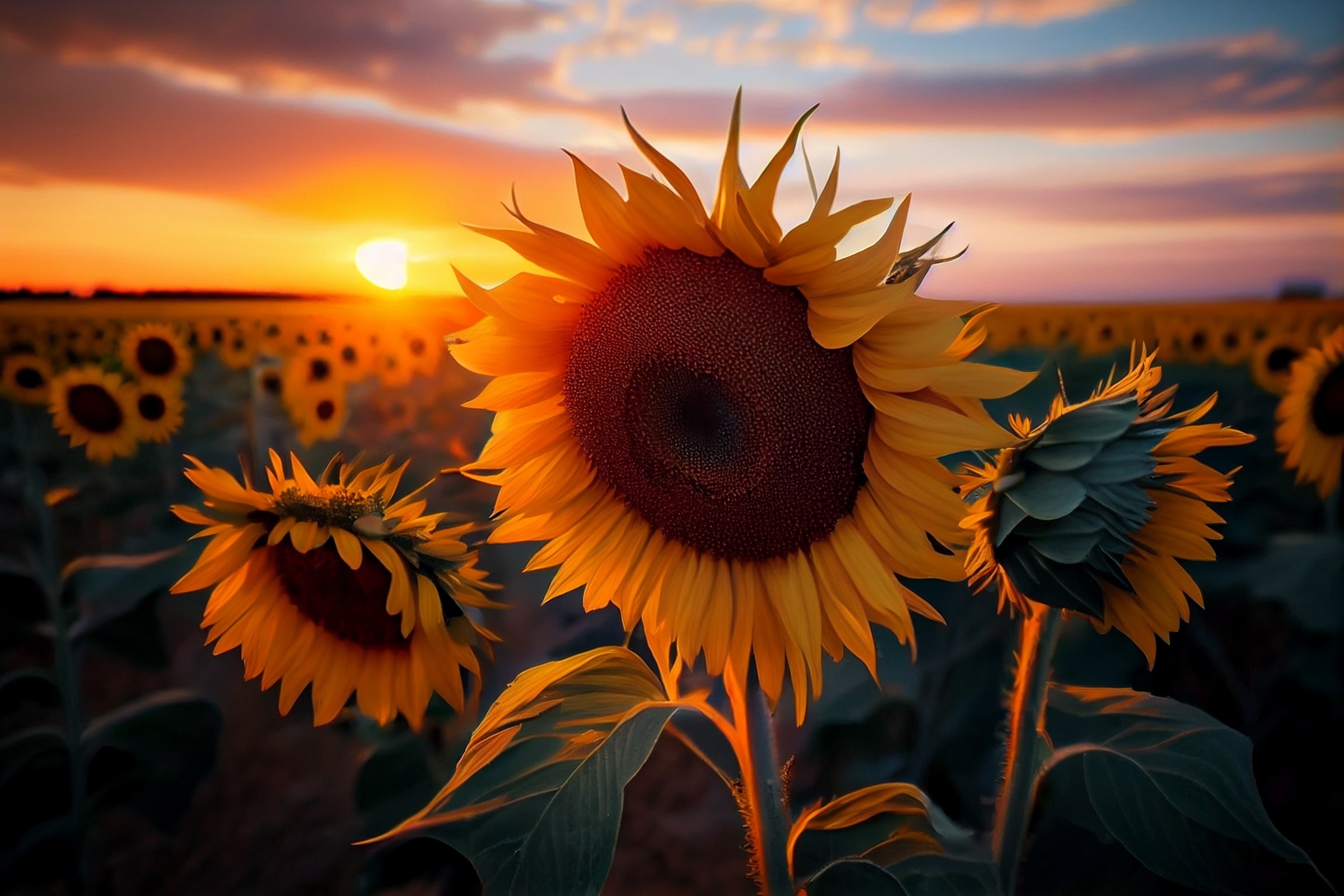 Large sunflower in a field of sunflowers.