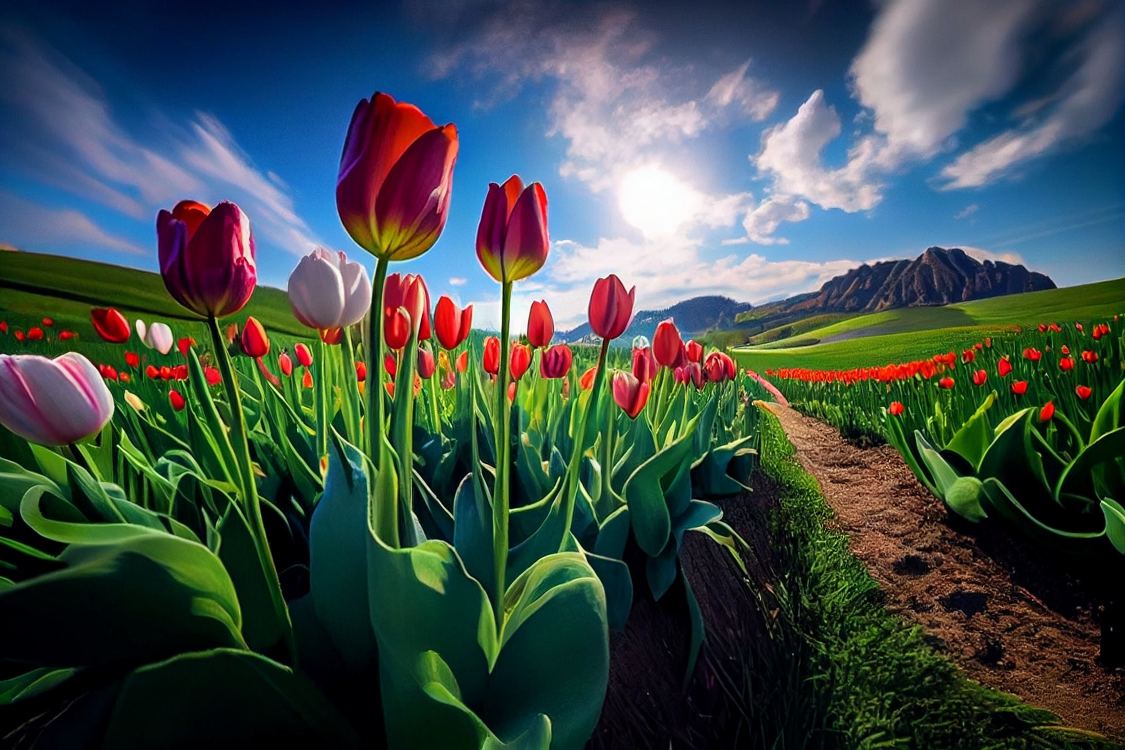 Field of tulips with a dirt path in the foreground.