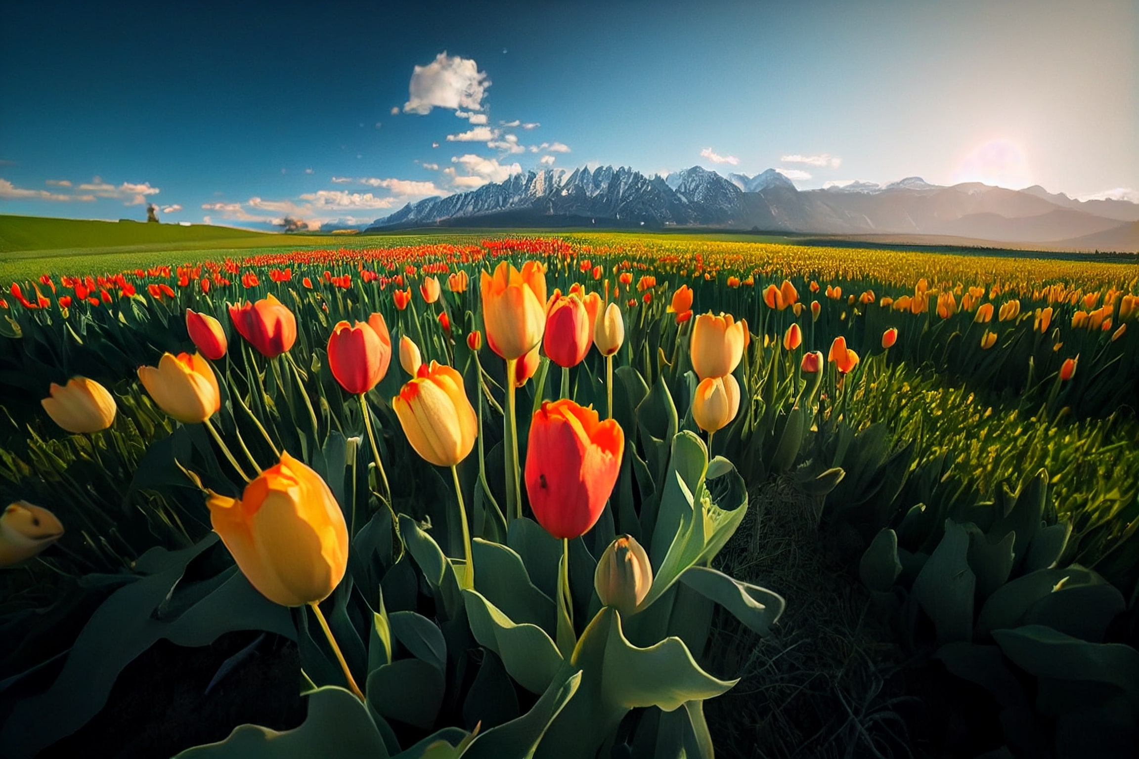 Field of yellow and red tulips with mountains in the background.