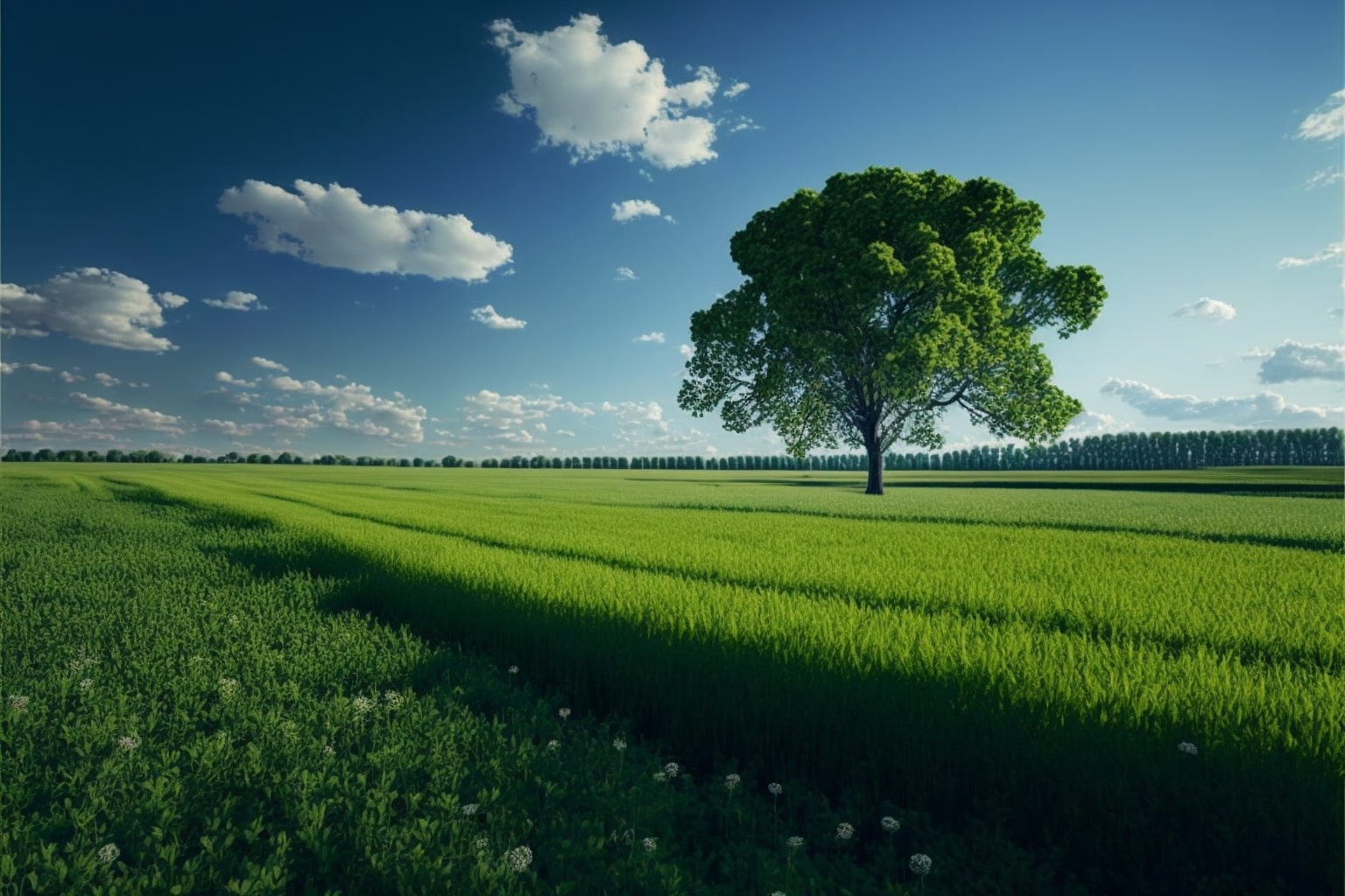 Lone tree stands in the middle of a green field.