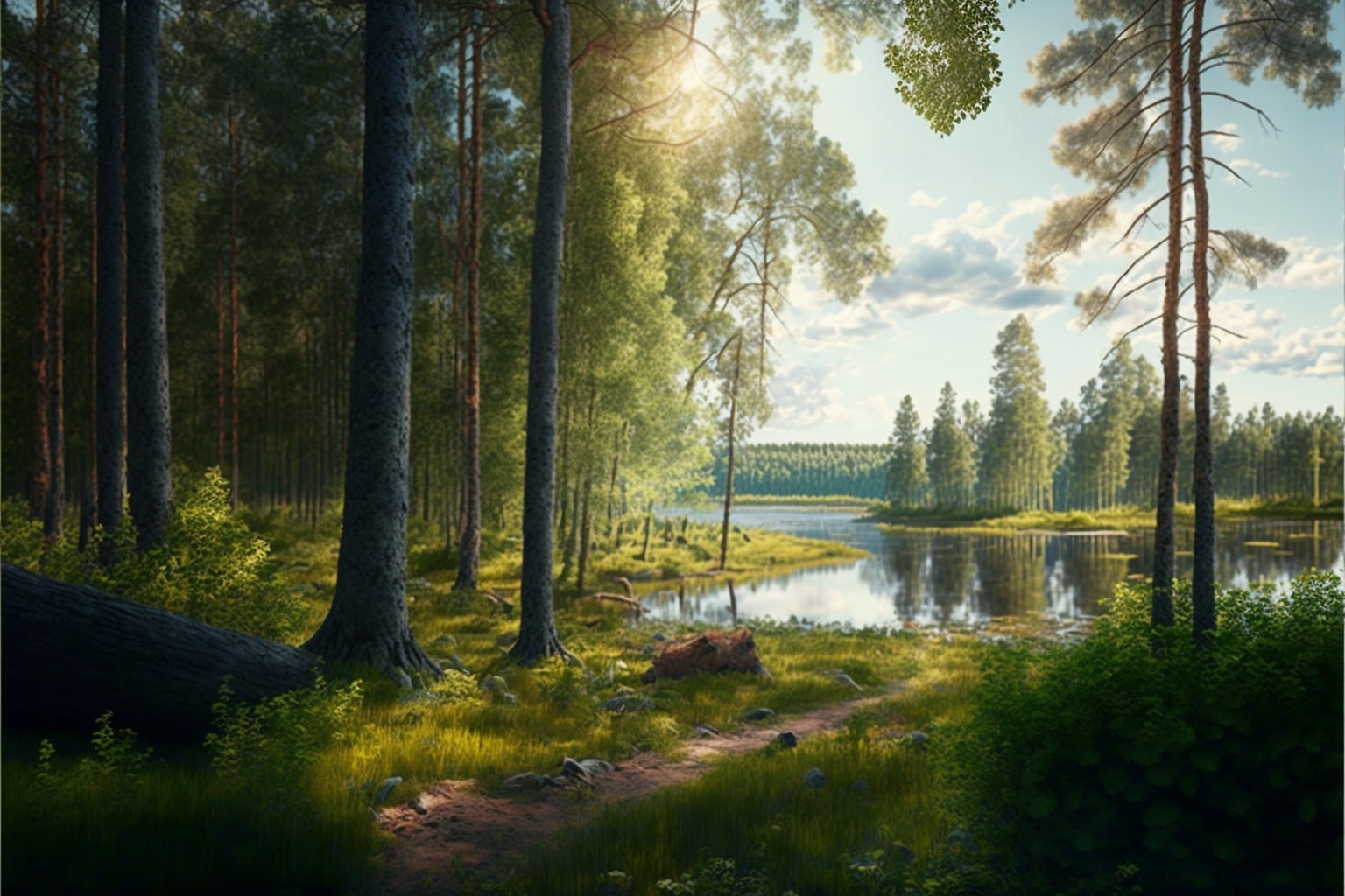 Painting of a forest scene with a lake.