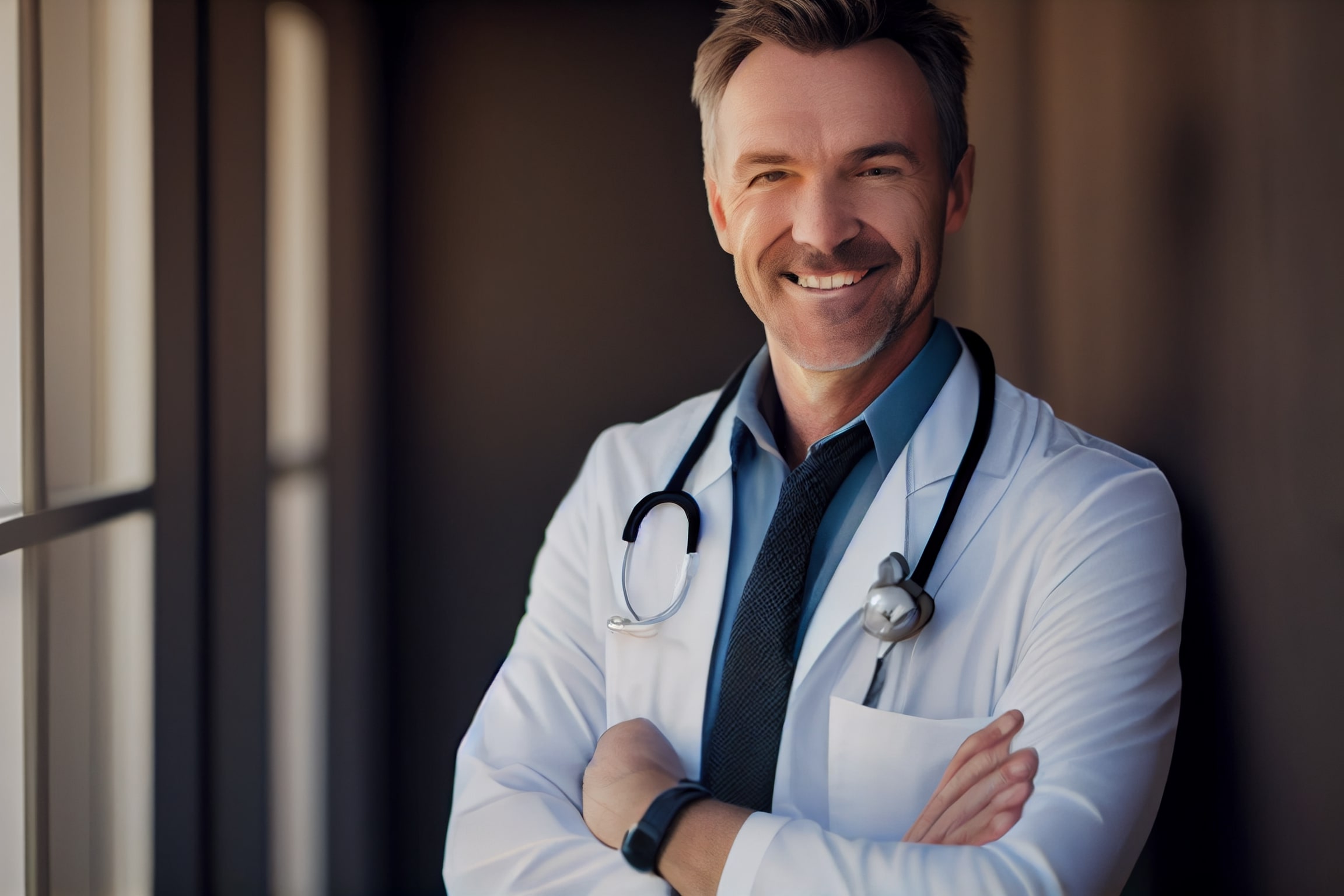 Smiling man with a stethoscope on his neck.