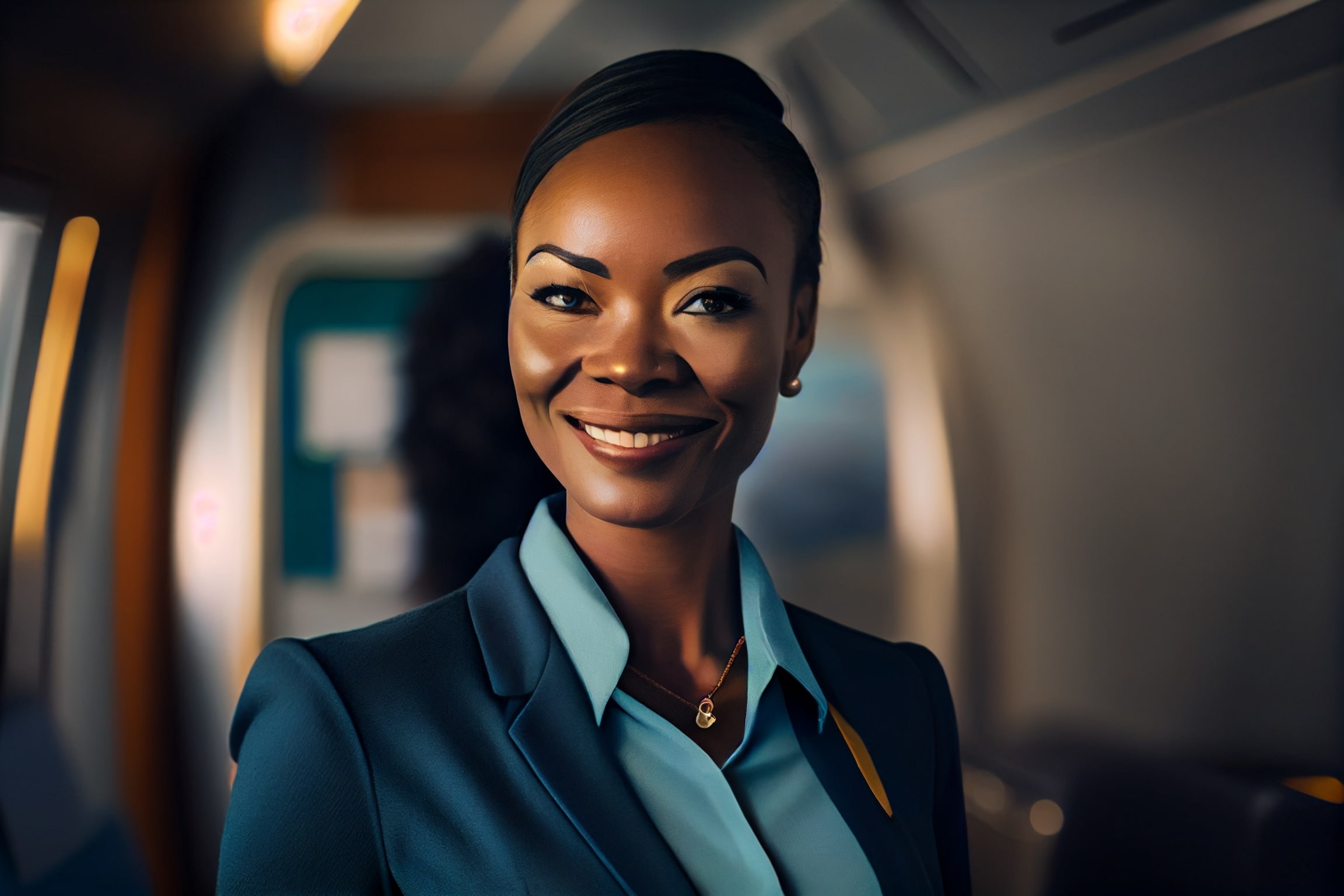 Woman in a business suit is smiling.
