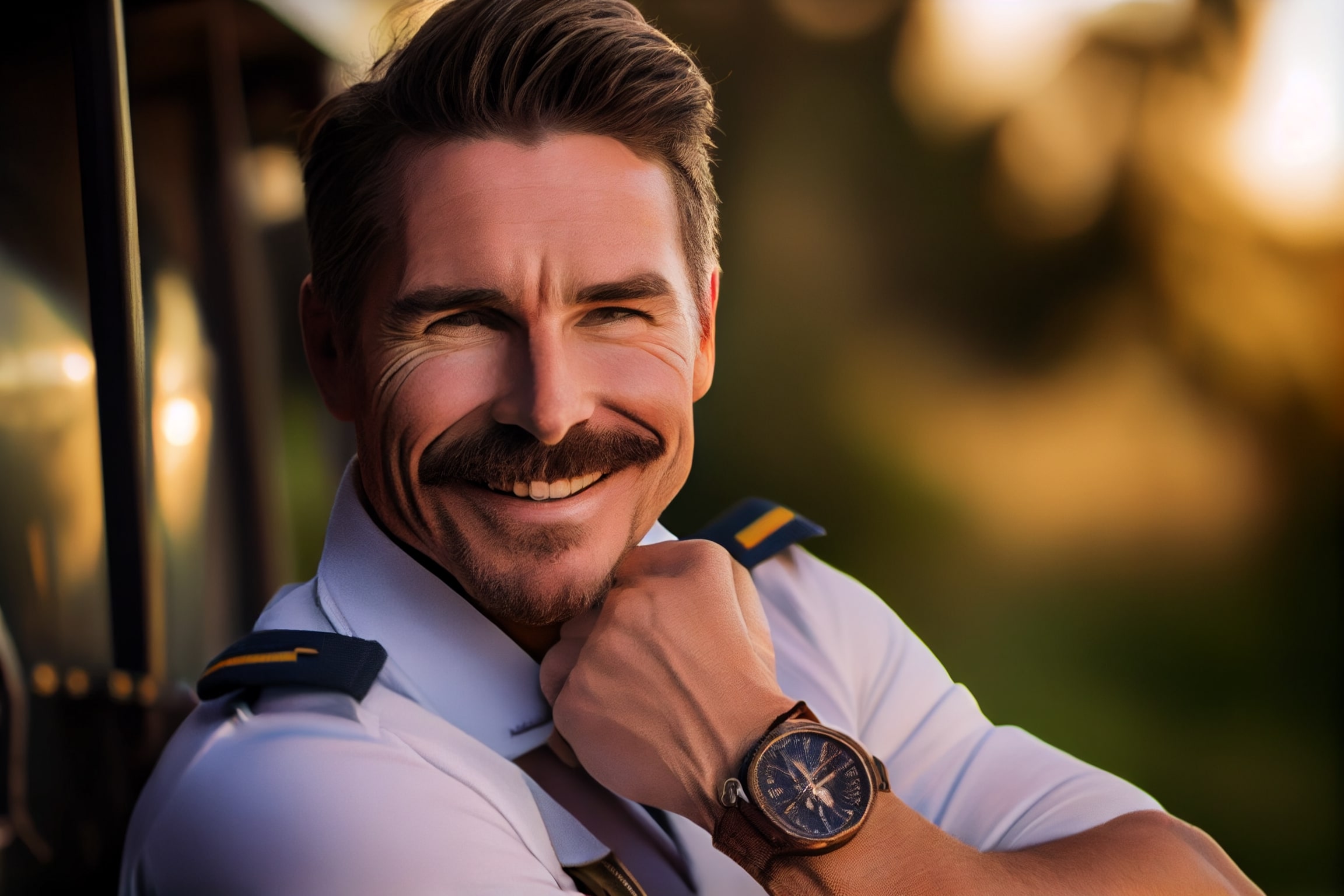 Man with a mustache and a watch on his wrist.
