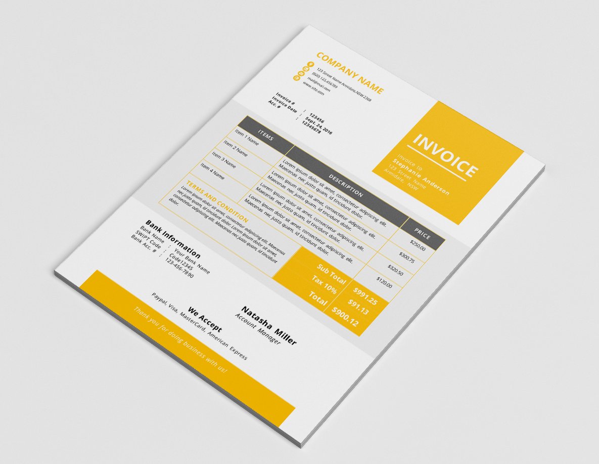Elegant business Word invoice design preview image.