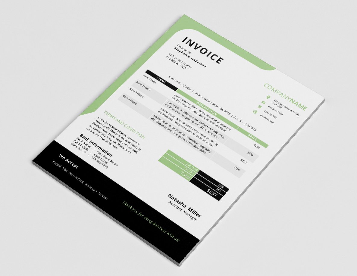 Curve border invoice template (docx) preview image.
