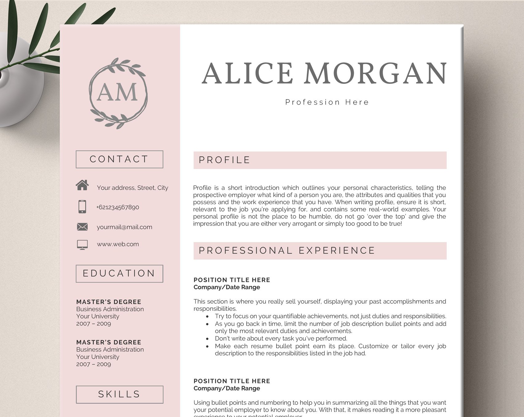 2 Pages Word Resume Template preview image.