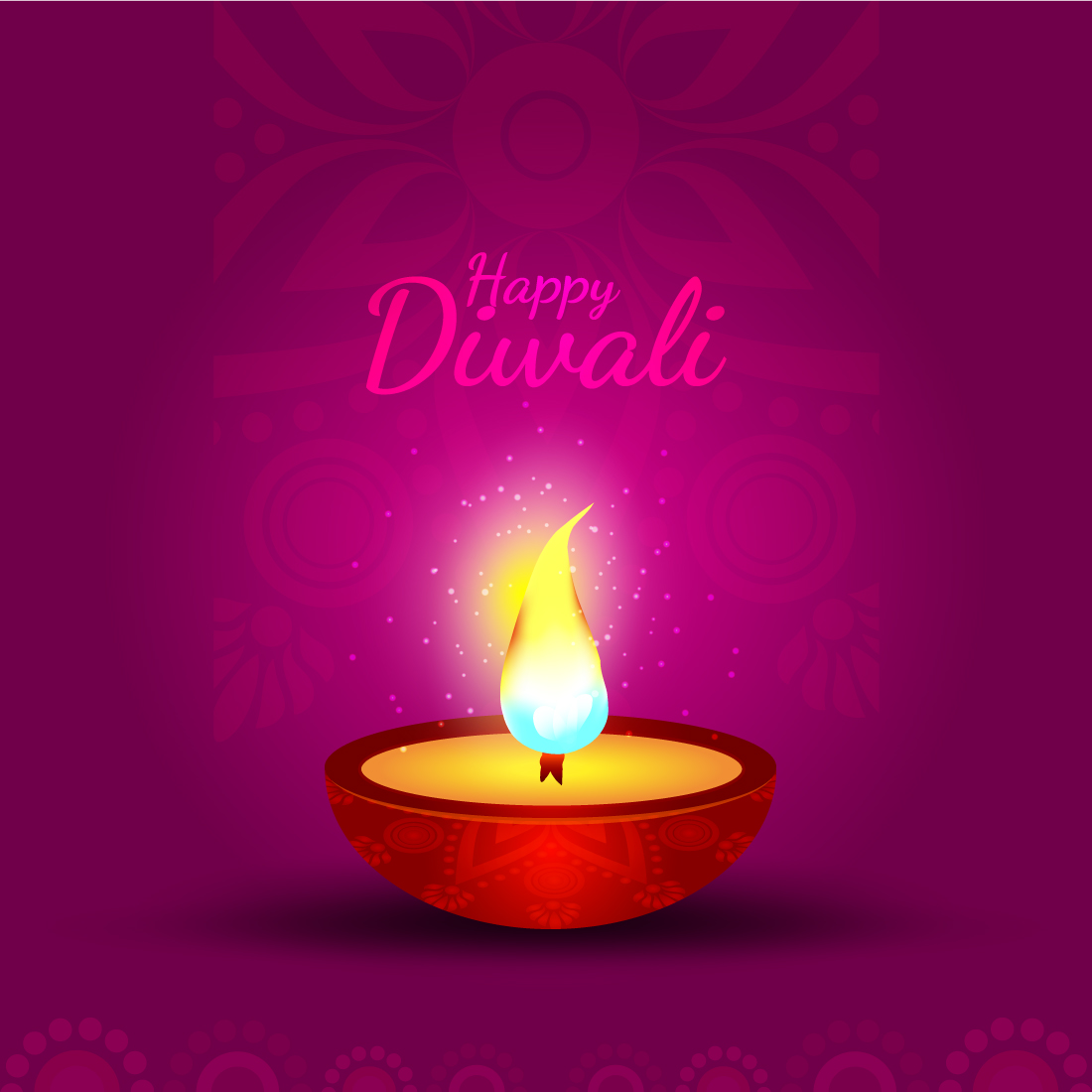 Diwali diya with a lit candle on a purple background.
