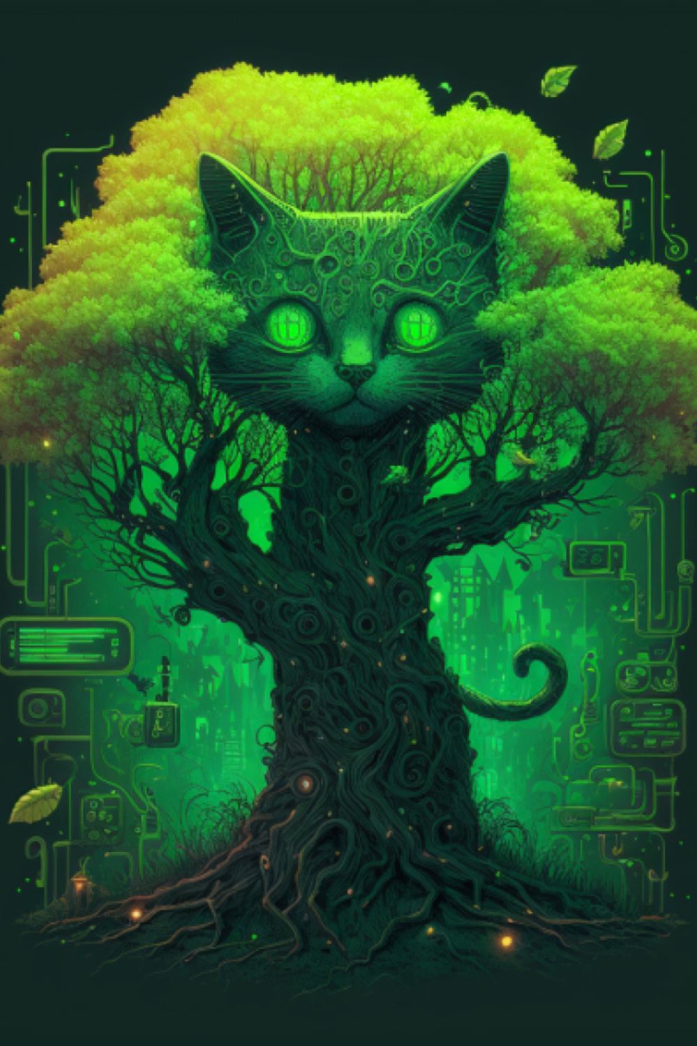 Сyber cat in the tree pinterest preview image.