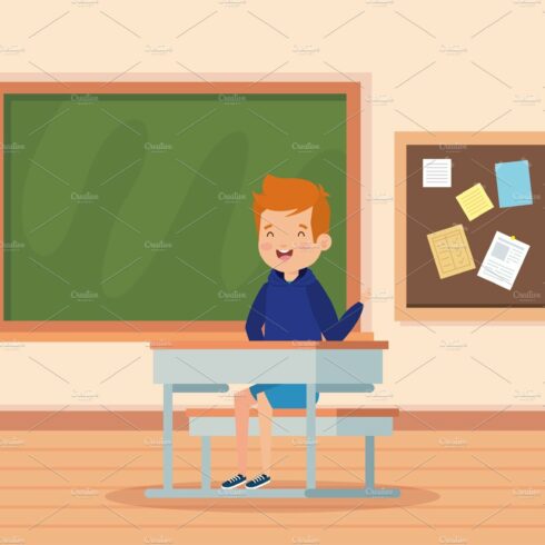 boy child in the classroom with desk cover image.