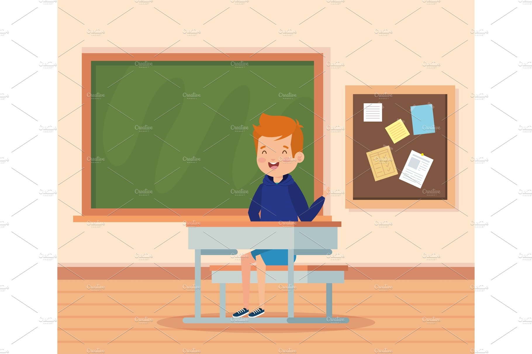 boy child in the classroom with desk cover image.