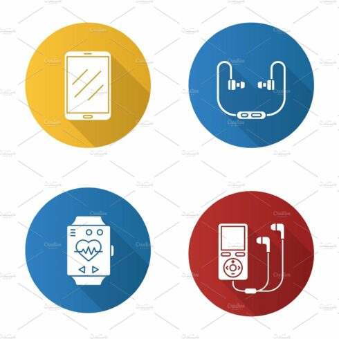 Gadgets flat design long shadow glyph icons set cover image.