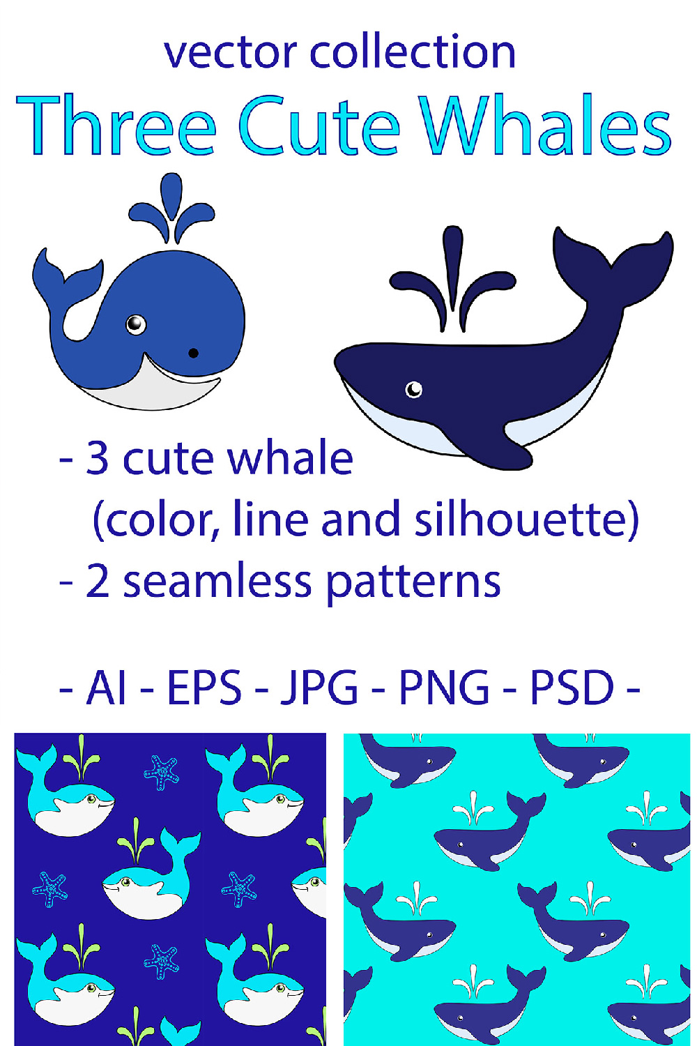 Three Cute Whales pinterest preview image.