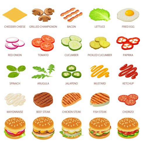 Burger ingredient icons set cover image.