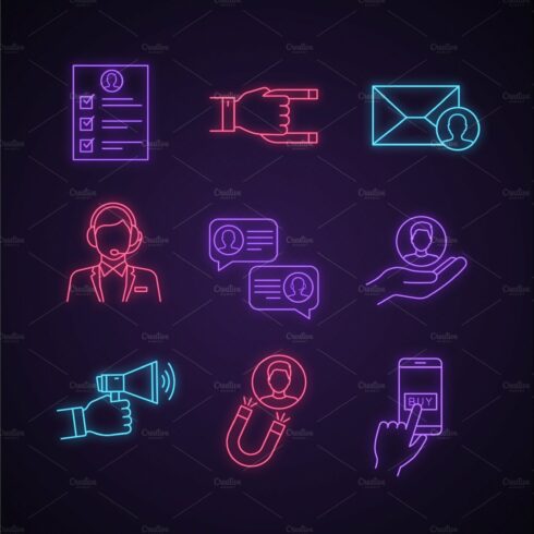 Customer retention neon light icons cover image.