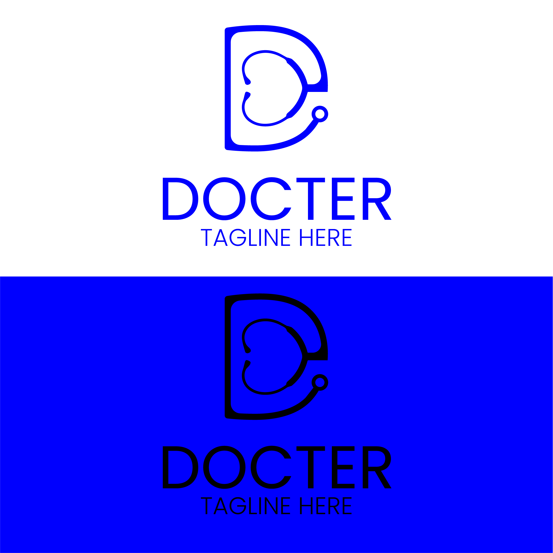 Blue and white logo with the letter d.