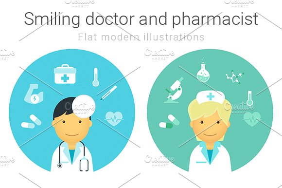 Vector doctor and female pharmacist cover image.