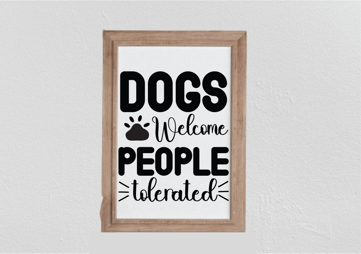 Picture frame hanging on a wall with a dog's welcome sign.