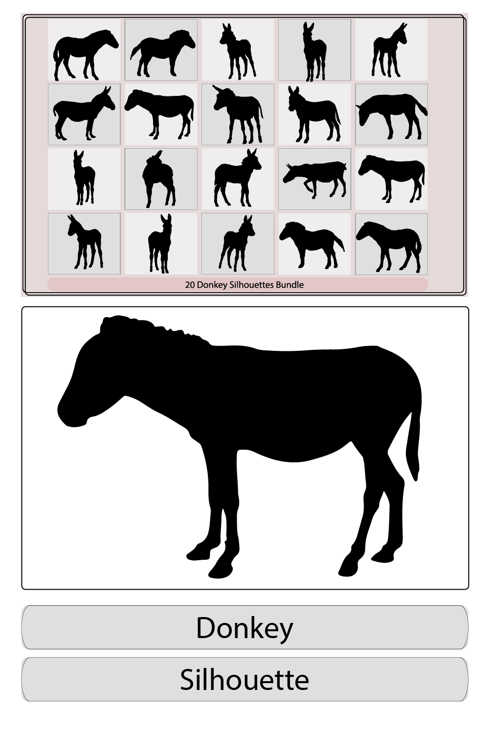 hand drawn silhouette of donkey,Donkey Walking Silhouette,donkey farm animal silhouettes,Vector of the silhouette of a donkey pinterest preview image.