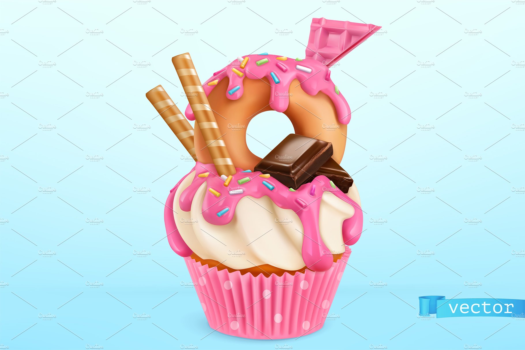 donut cupcake realistic vector object. food icon 405