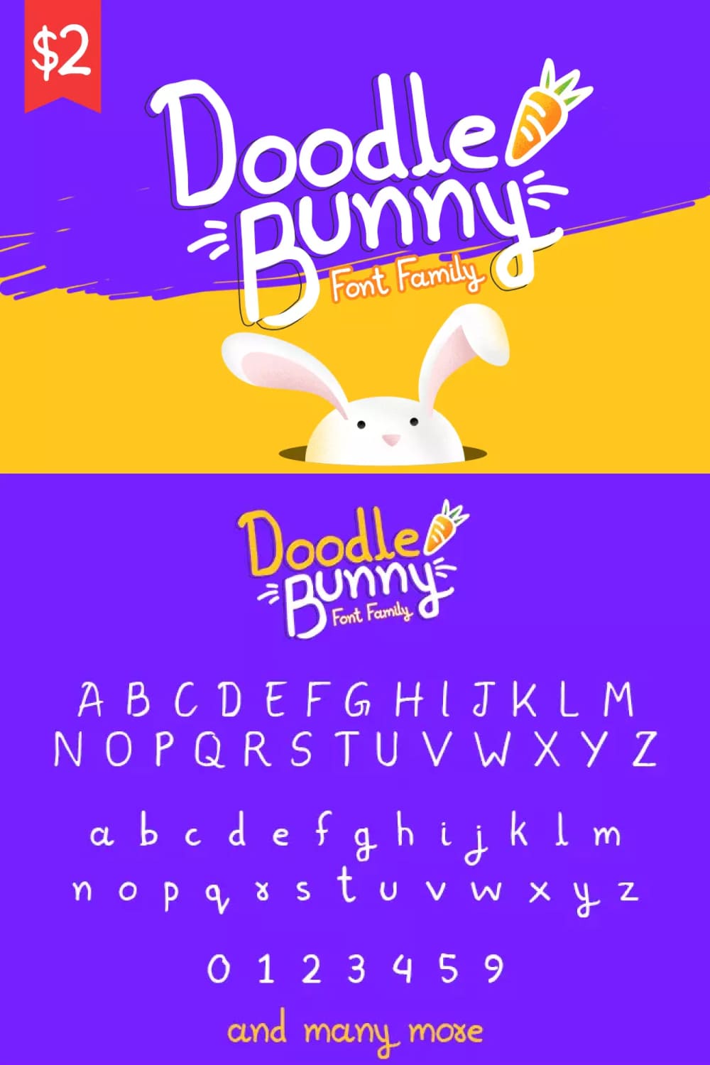 The name of the font and its alphabet on a bright yellow and purple background.