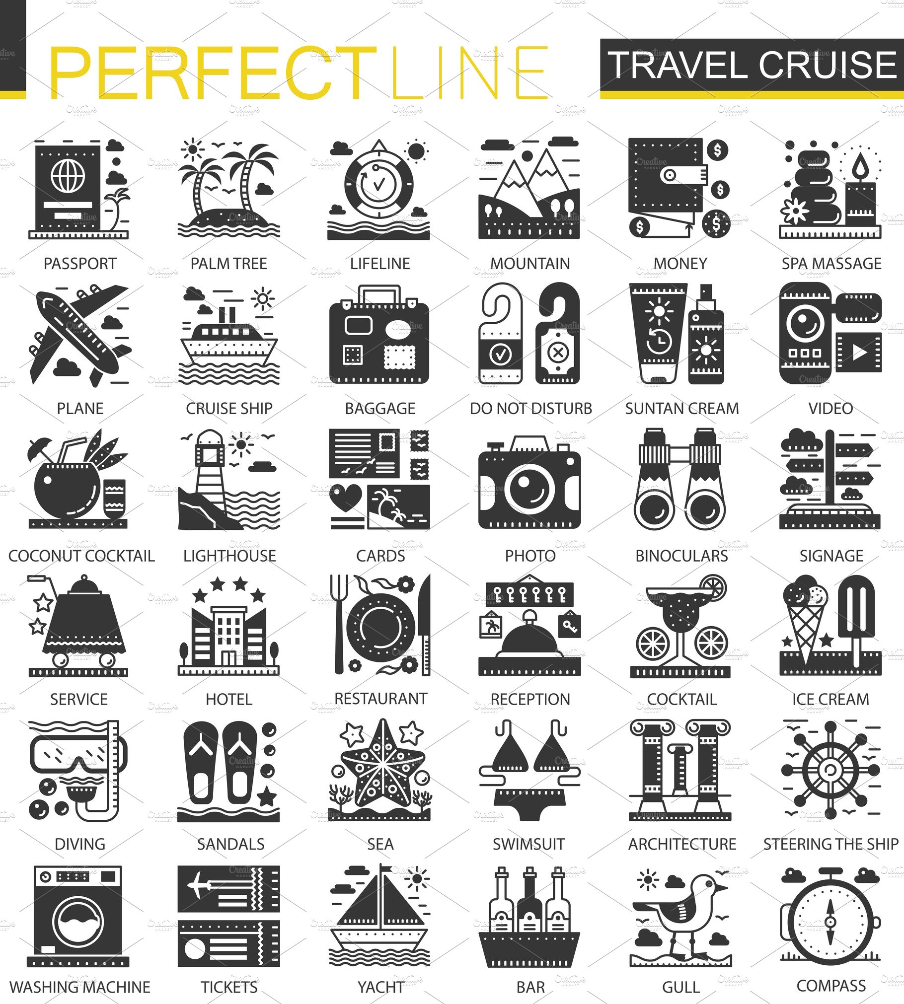 Travel cruise black concept icons cover image.