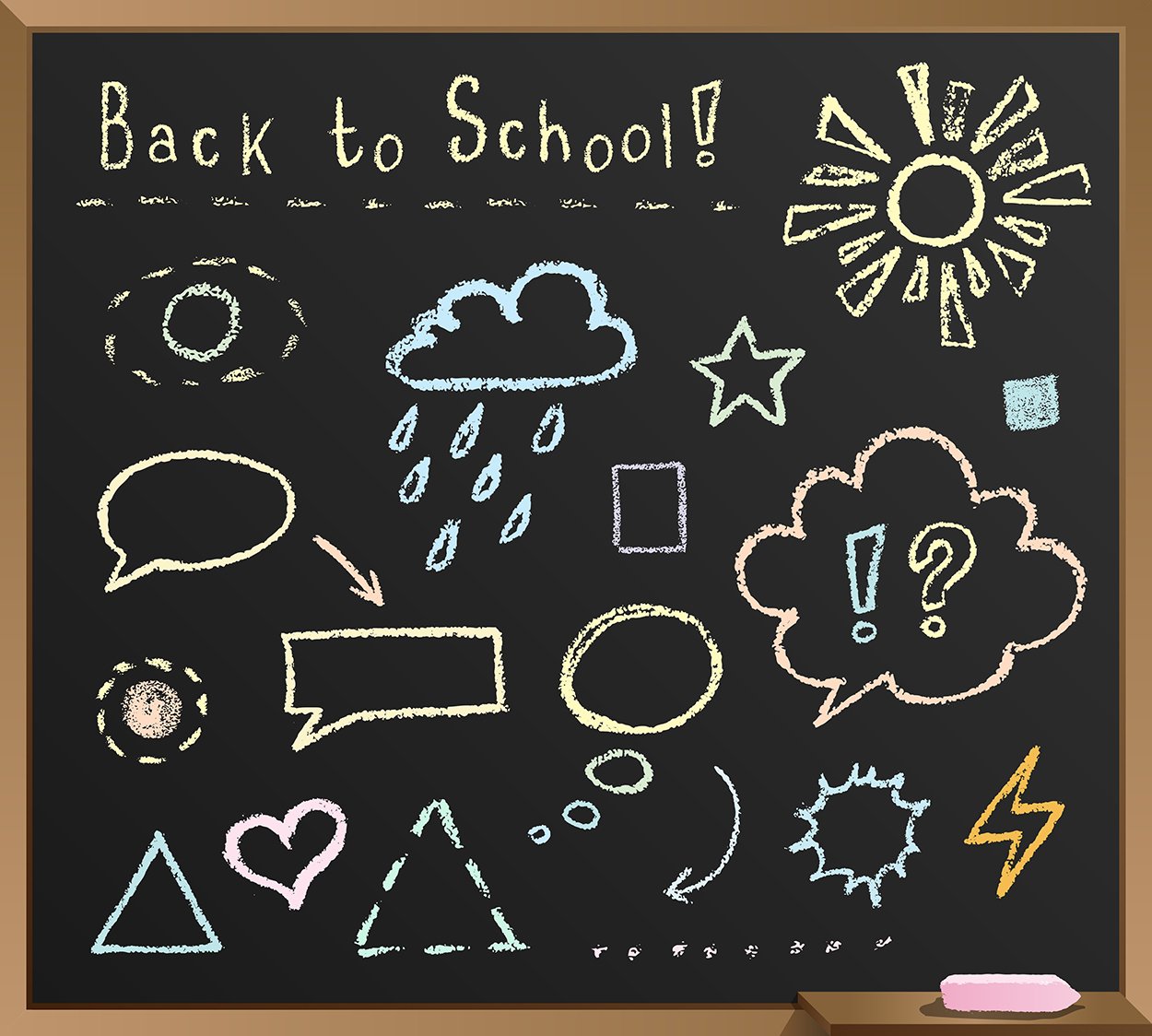 drawn colored chalk on the blackboard the sun. cloud star back to school arrows clouds dialogues question and exclamation mark heart 44