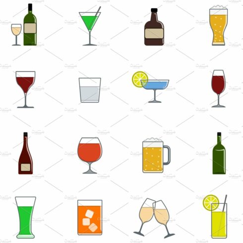 Drink color icon set in flat design cover image.