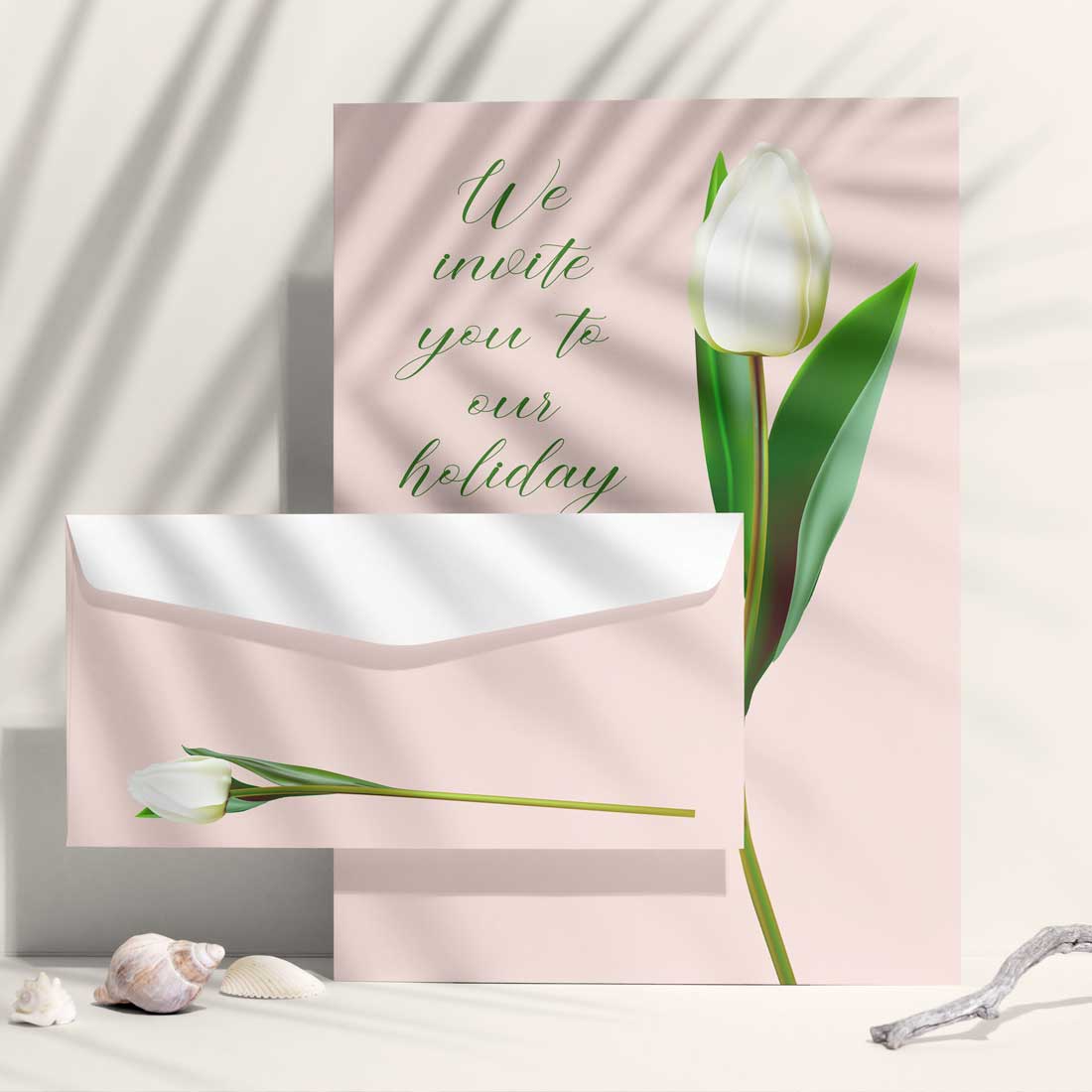 Greeting card with a white tulip on a pink background.