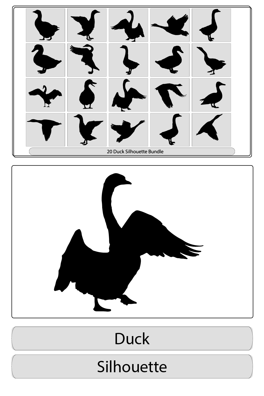 Silhouettes of wild and domestic duck, Duck in flight,silhouette of goose, duck, set,Real duck silhouette pinterest preview image.