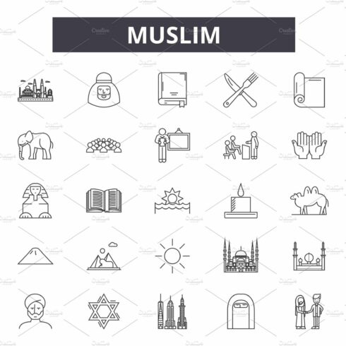 Muslim line icons, signs set, vector cover image.