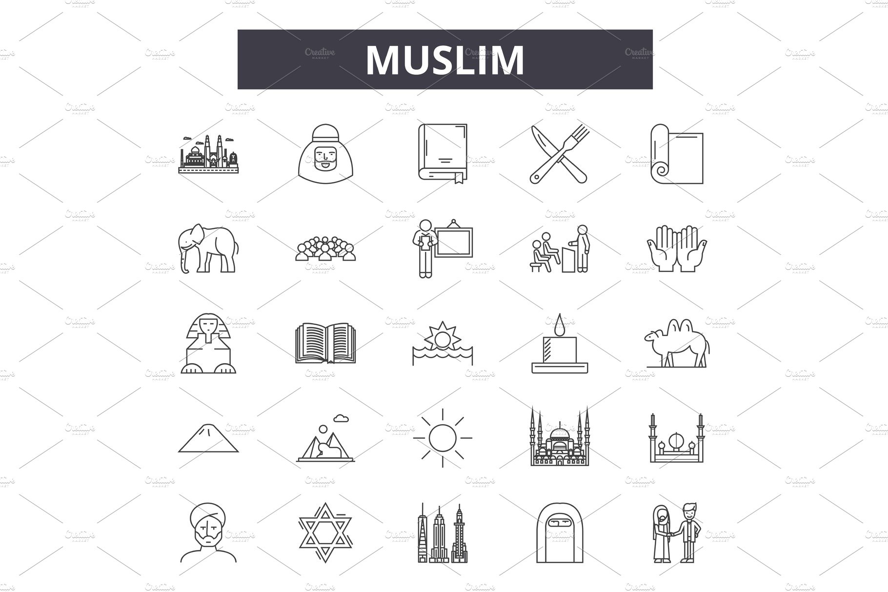 Muslim line icons, signs set, vector cover image.
