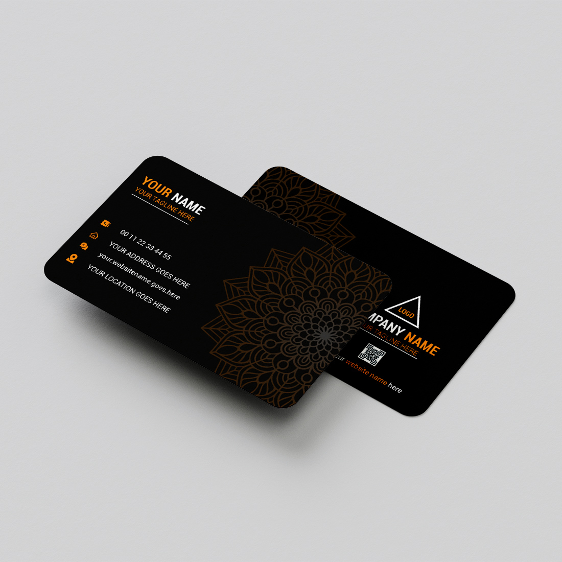 Black and gold business card with a flower design.