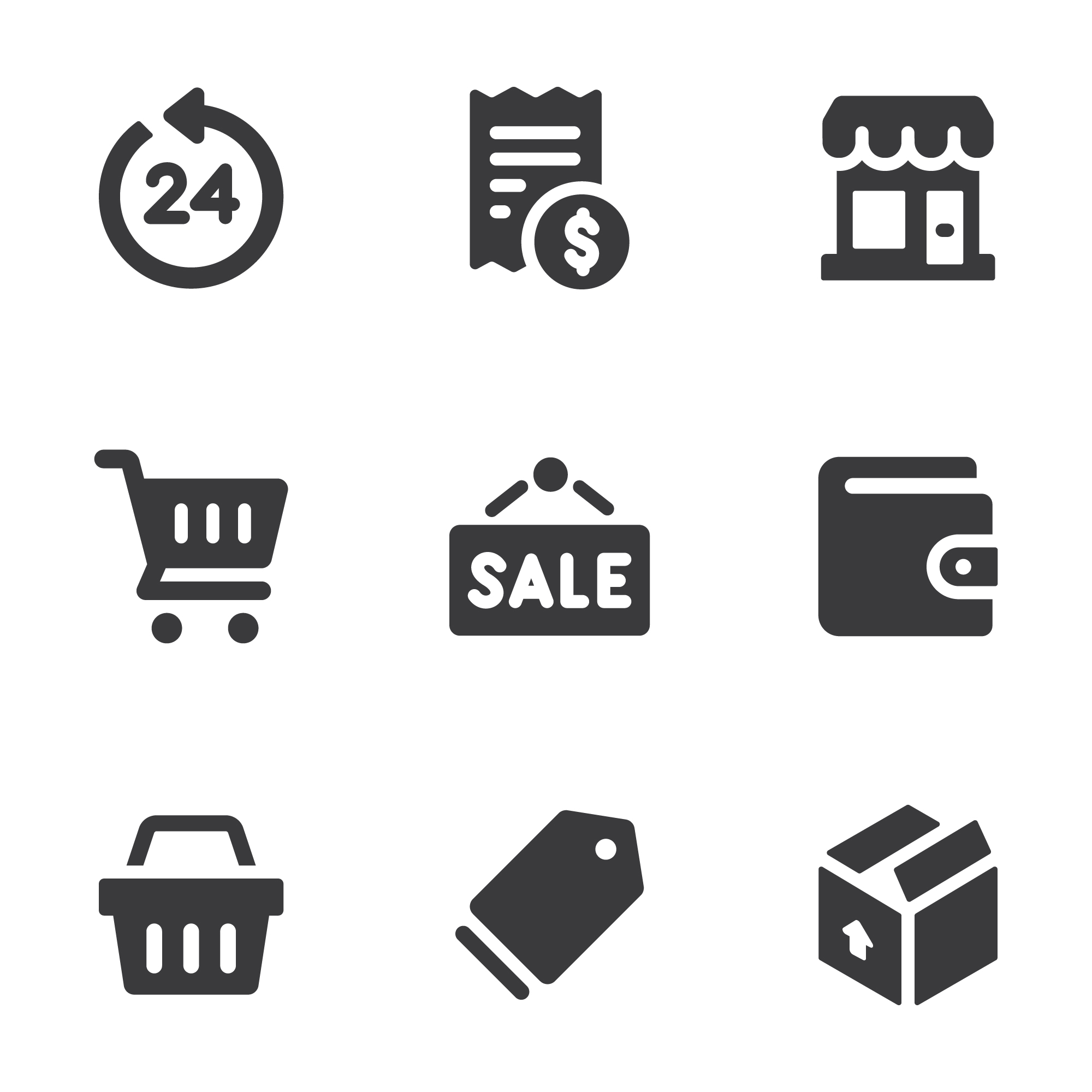 Set of black and white icons for sale.