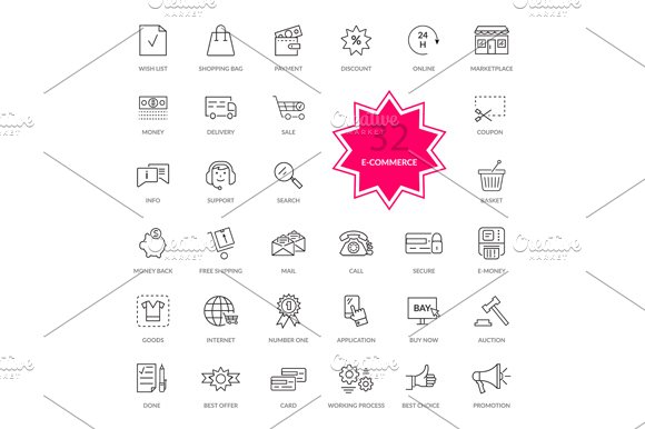 Set of E-commerce Thin, lines icons cover image.