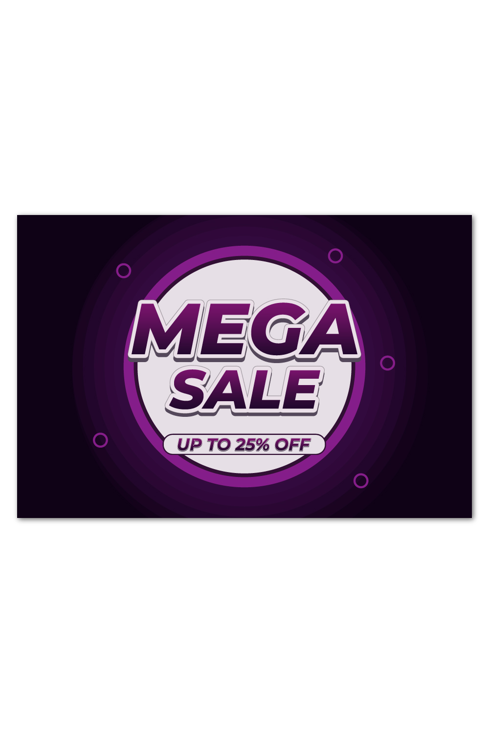 Black and purple business card with the words mega sale up to 25 % off.