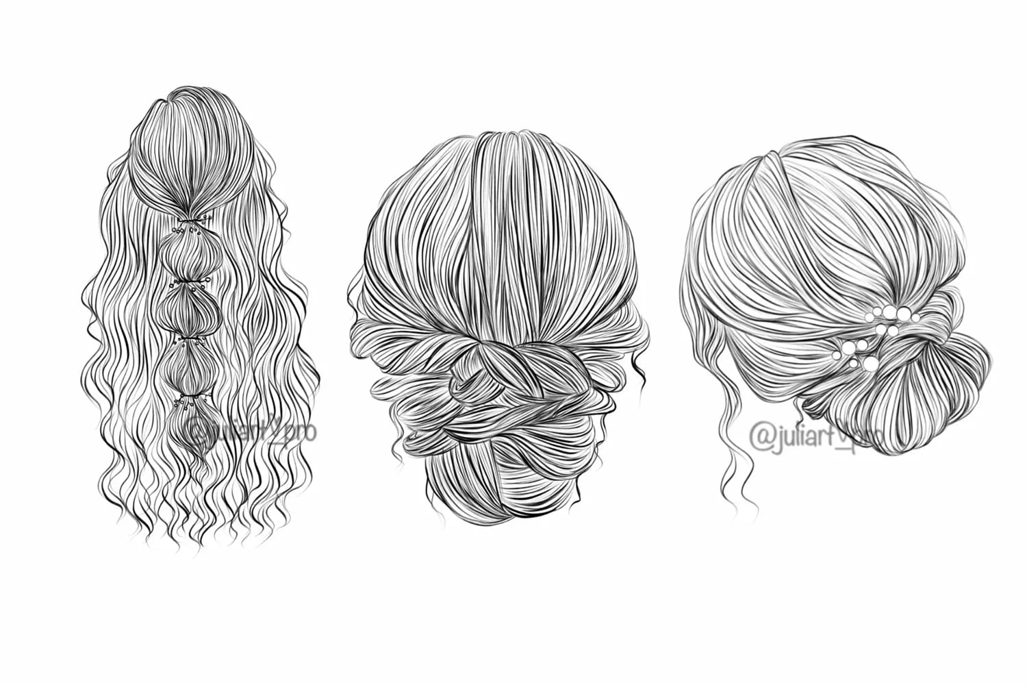 Line drawing of three different styles of hair.