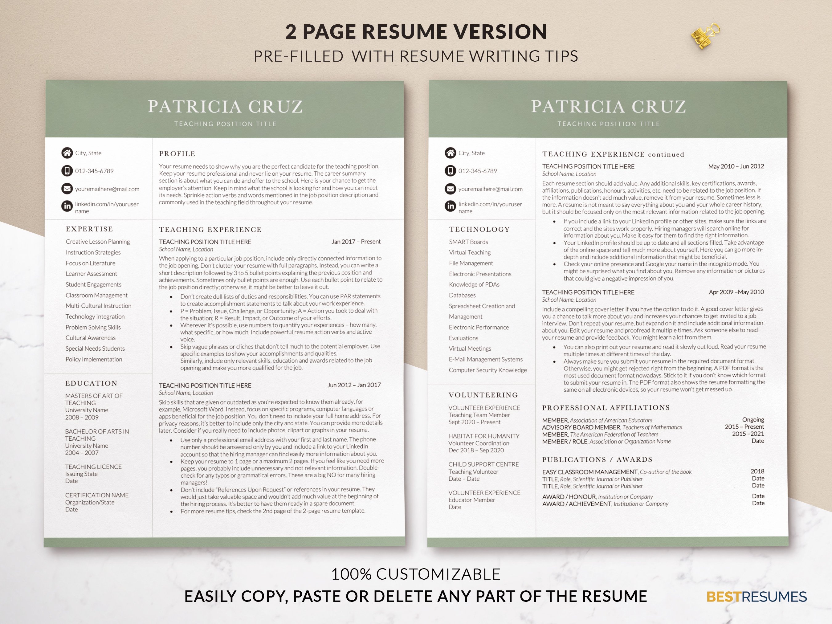 editable teacher resume template two page resume patricia cruz 585