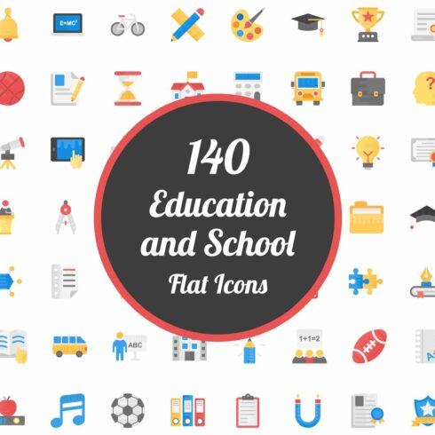 140 Education and School Flat Icons cover image.