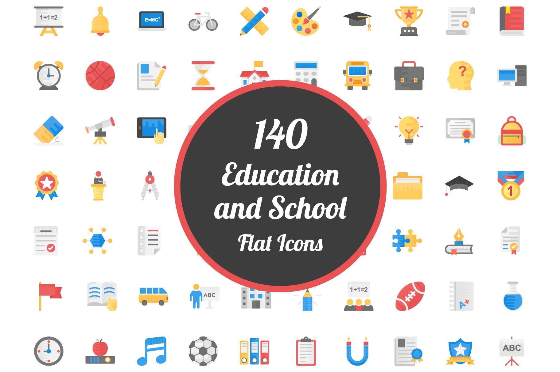 140 Education and School Flat Icons cover image.