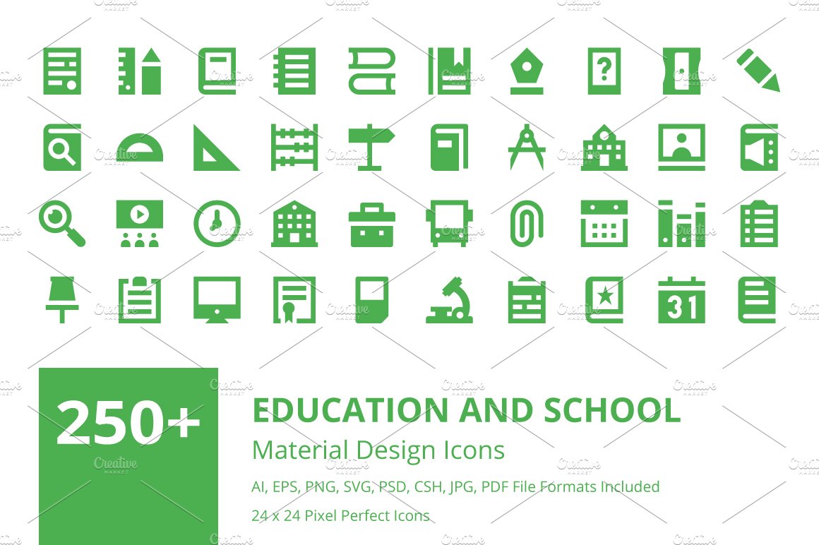 250+ Education Material Design Icons cover image.